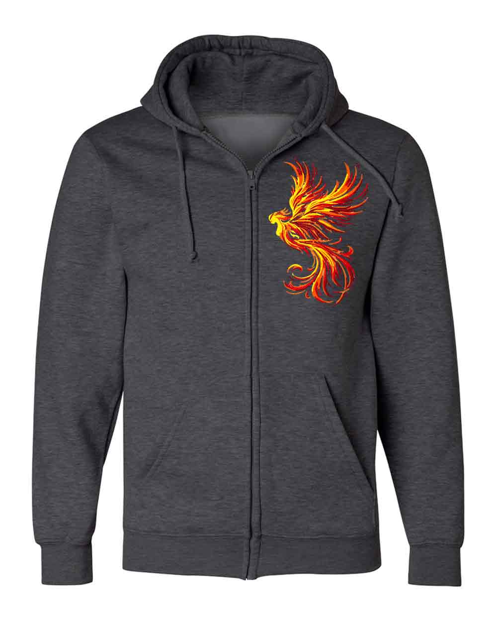 Dark gray hoodie with a colorful phoenix design on the chest against a white background