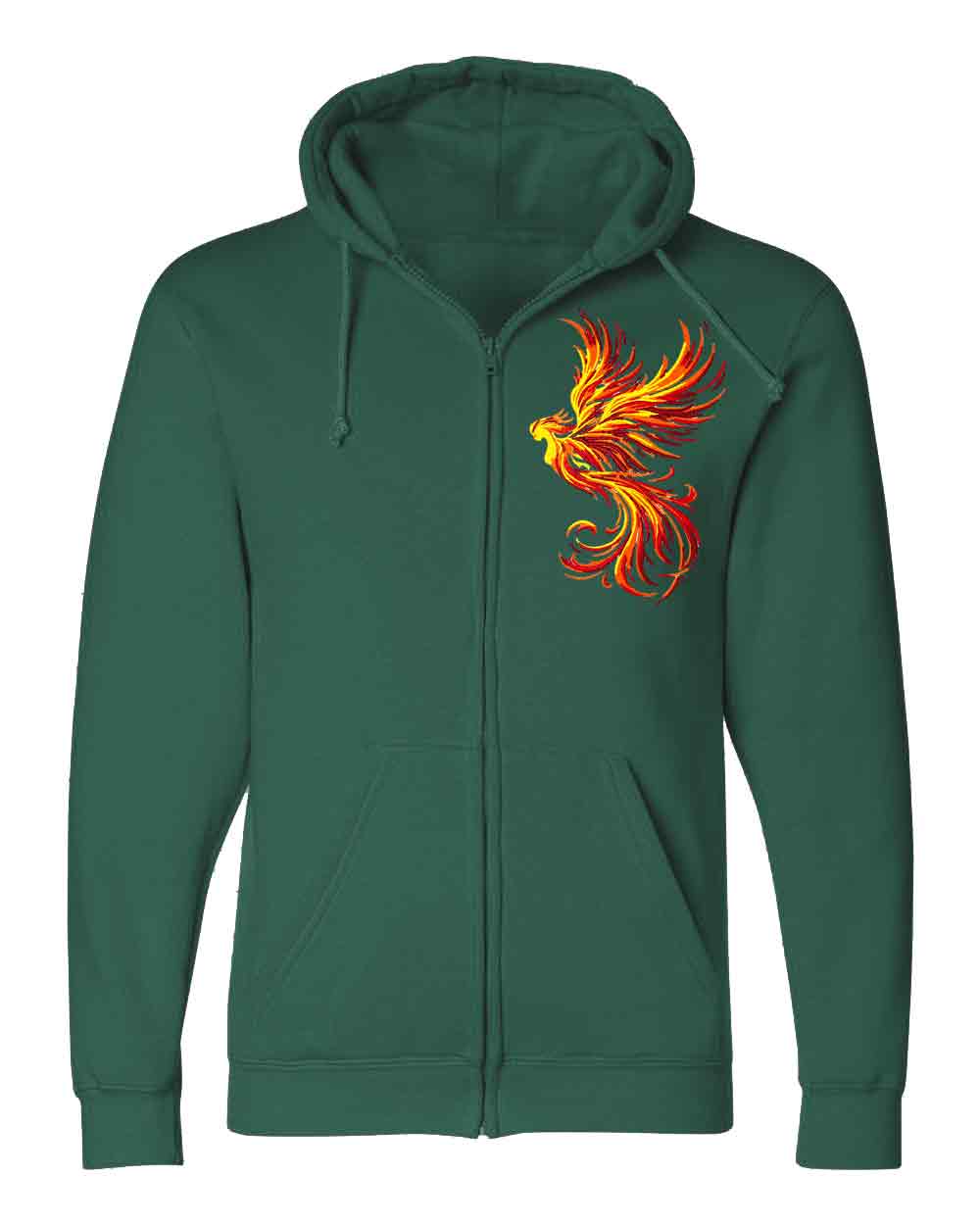 Green hoodie with a phoenix design on a white background