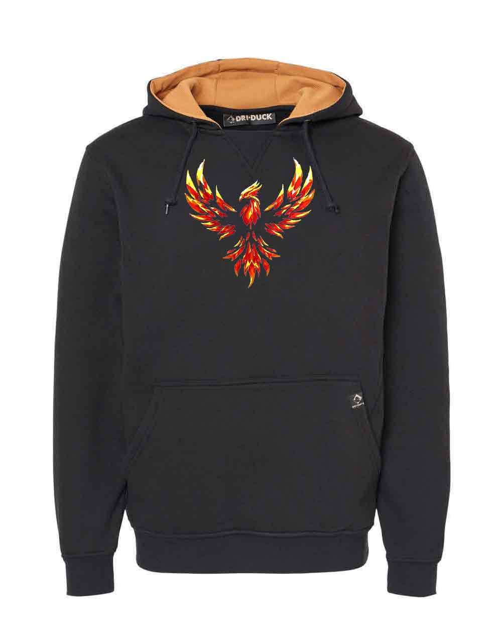 Black hoodie with a red and yellow phoenix design on a white background