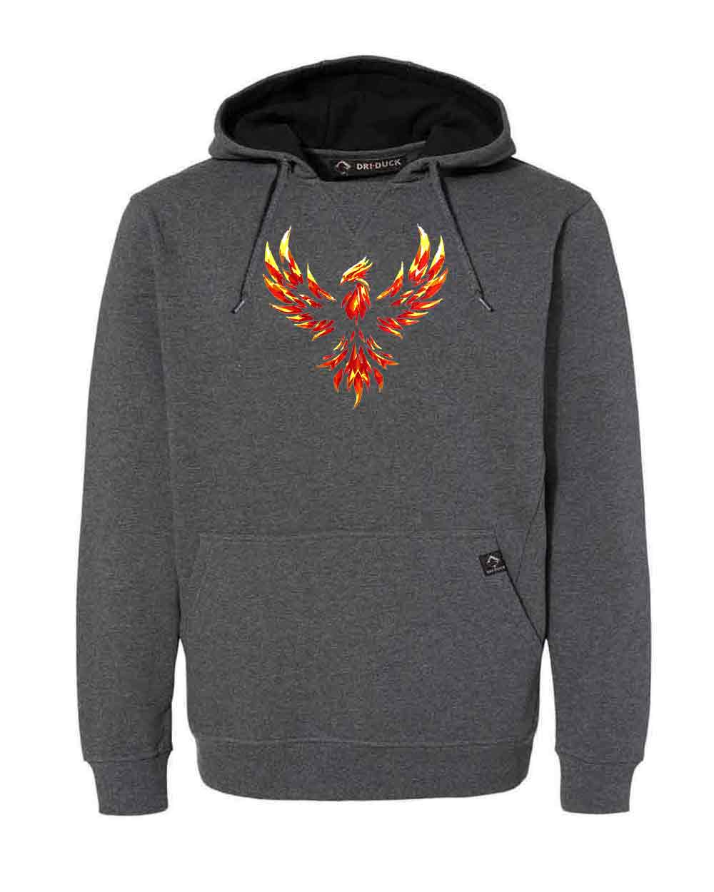 Gray hoodie with a red and yellow phoenix design on a white background