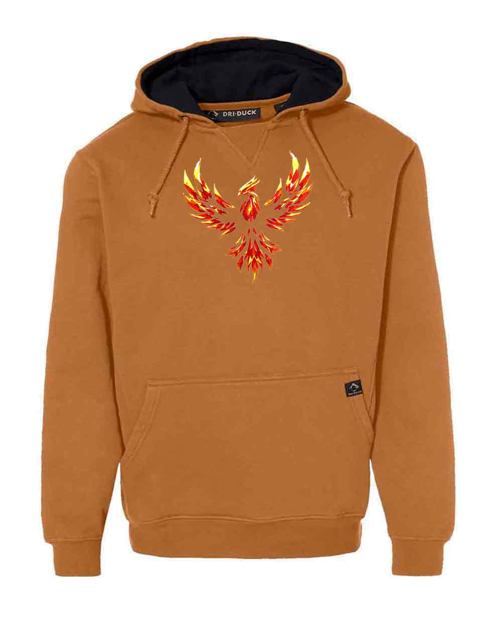 Brown hoodie with a red phoenix design on a white background