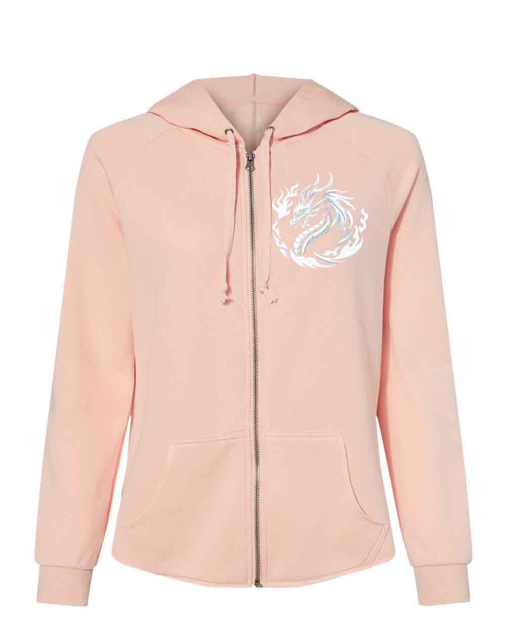 Pink hoodie with a dragon design on a white background
