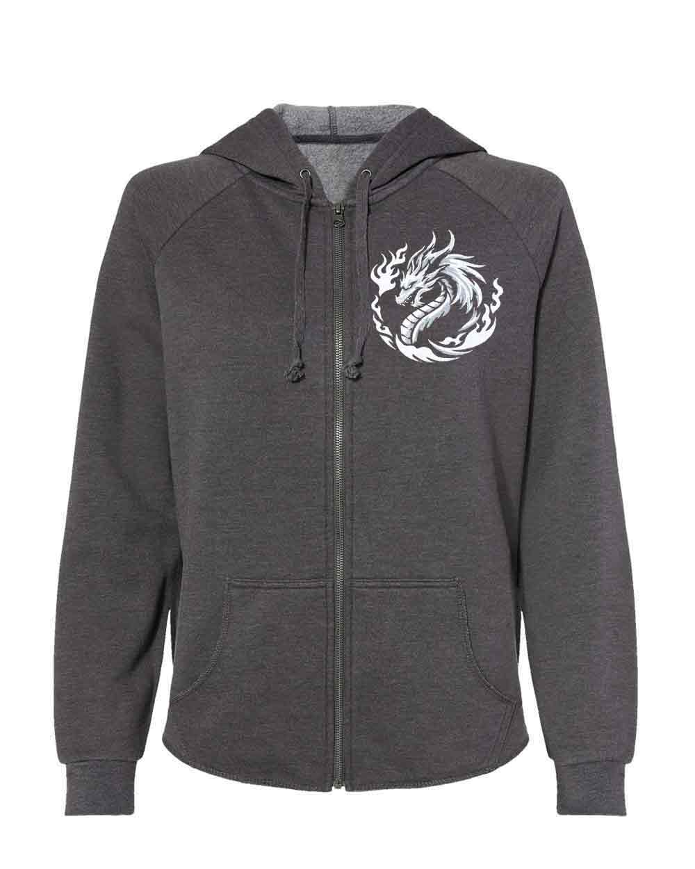 Gray hoodie with a white dragon design on a white background