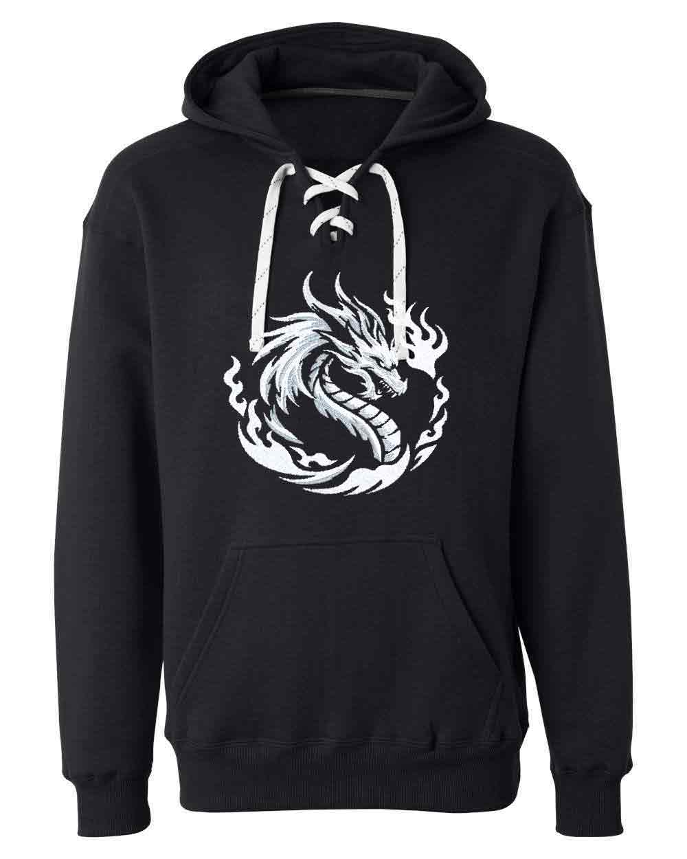 Black hoodie with a white dragon design on a white background