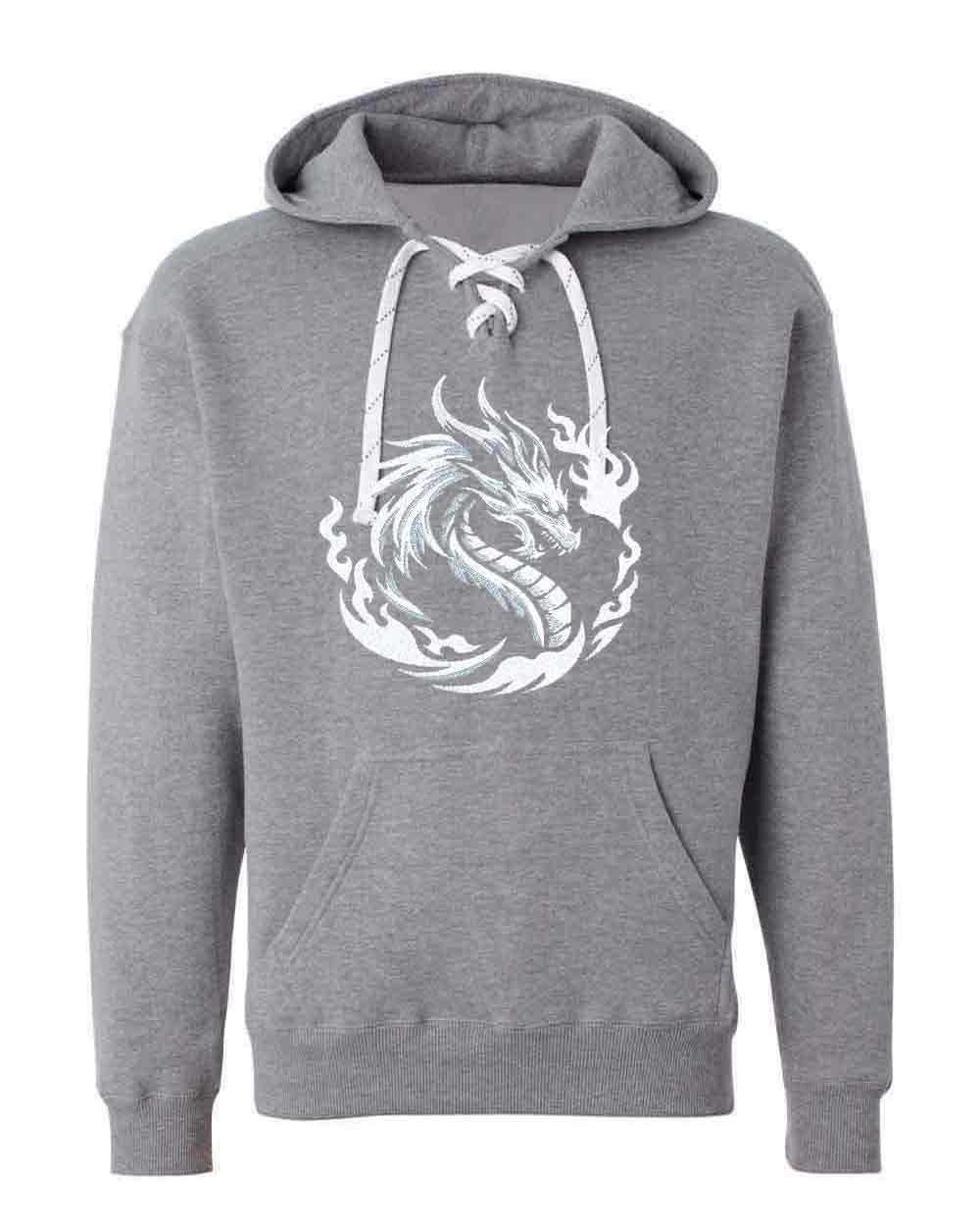 Gray hoodie with a white dragon design on a white background