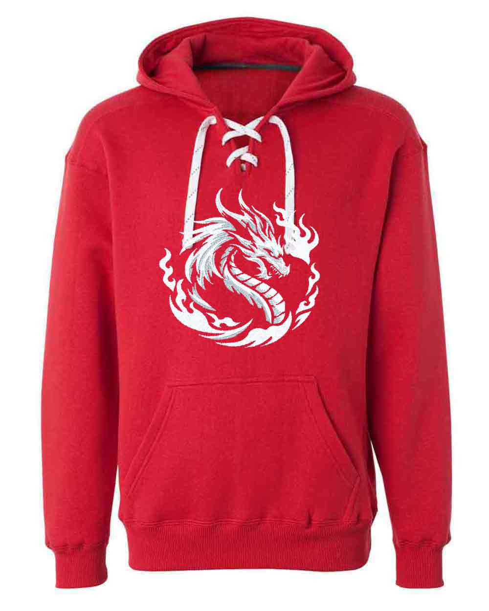 Red hoodie with a white dragon design on a white background