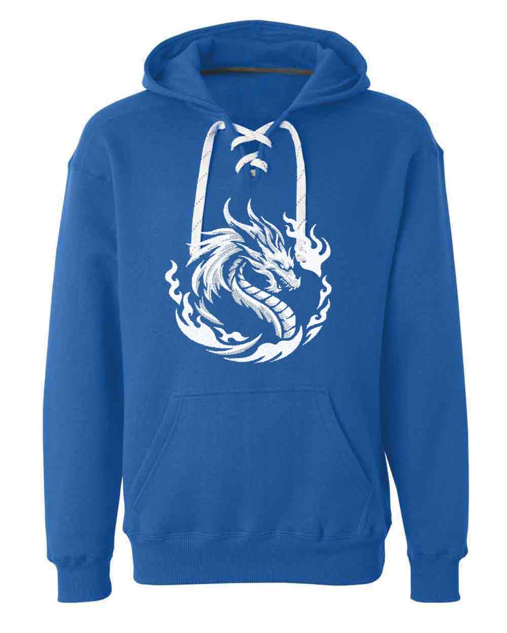 Blue hoodie with a white dragon design on a white background