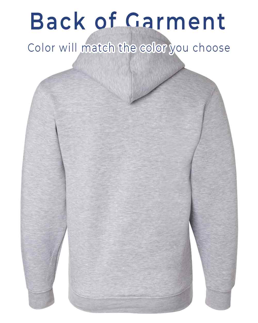 Gray hoodie shown from the back with text indicating color matching options.