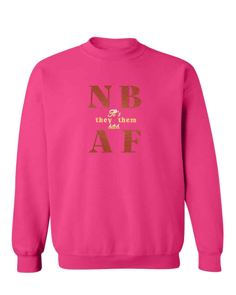 Pink sweatshirt with gold text on a white background