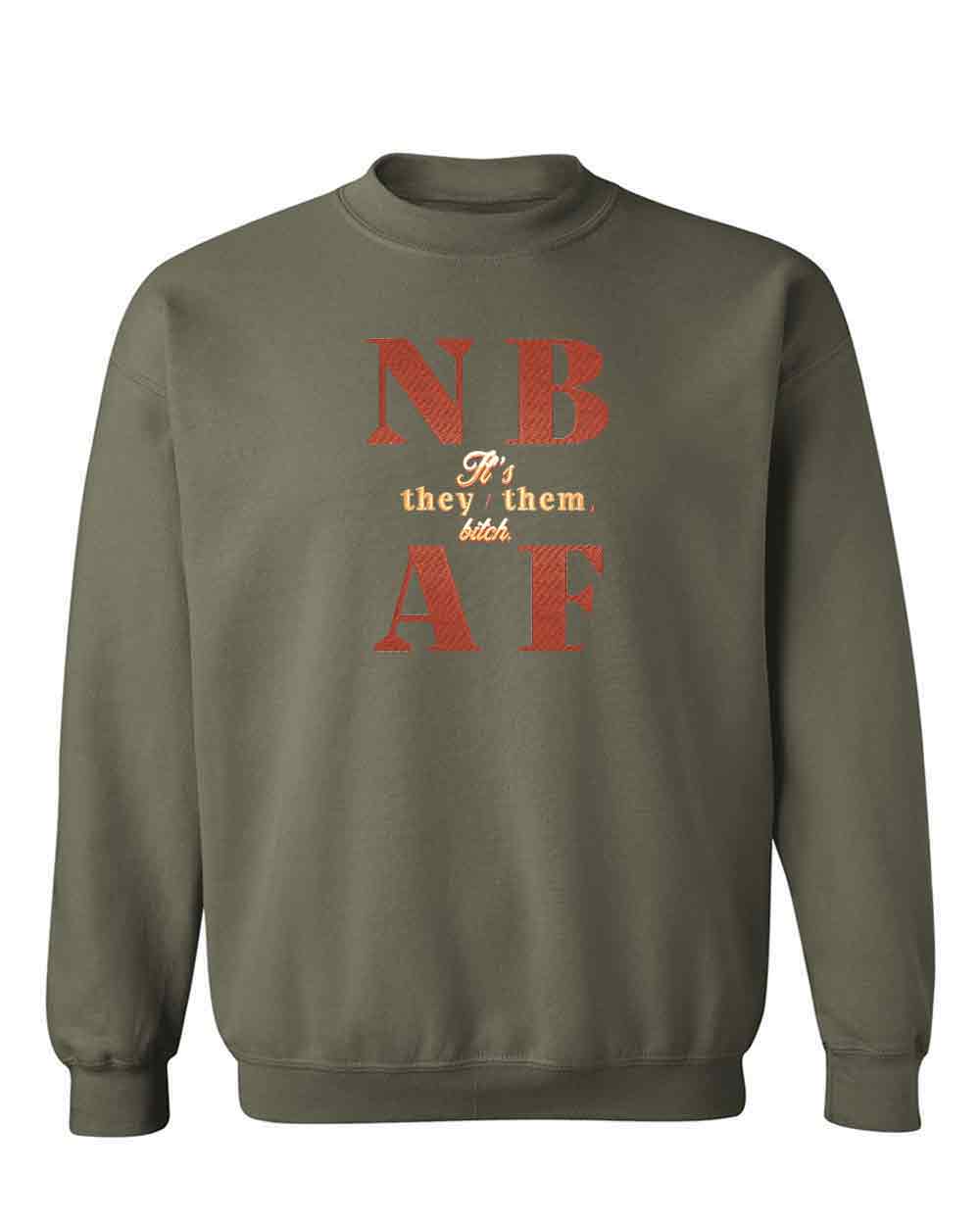 Green sweatshirt with red text on a white background
