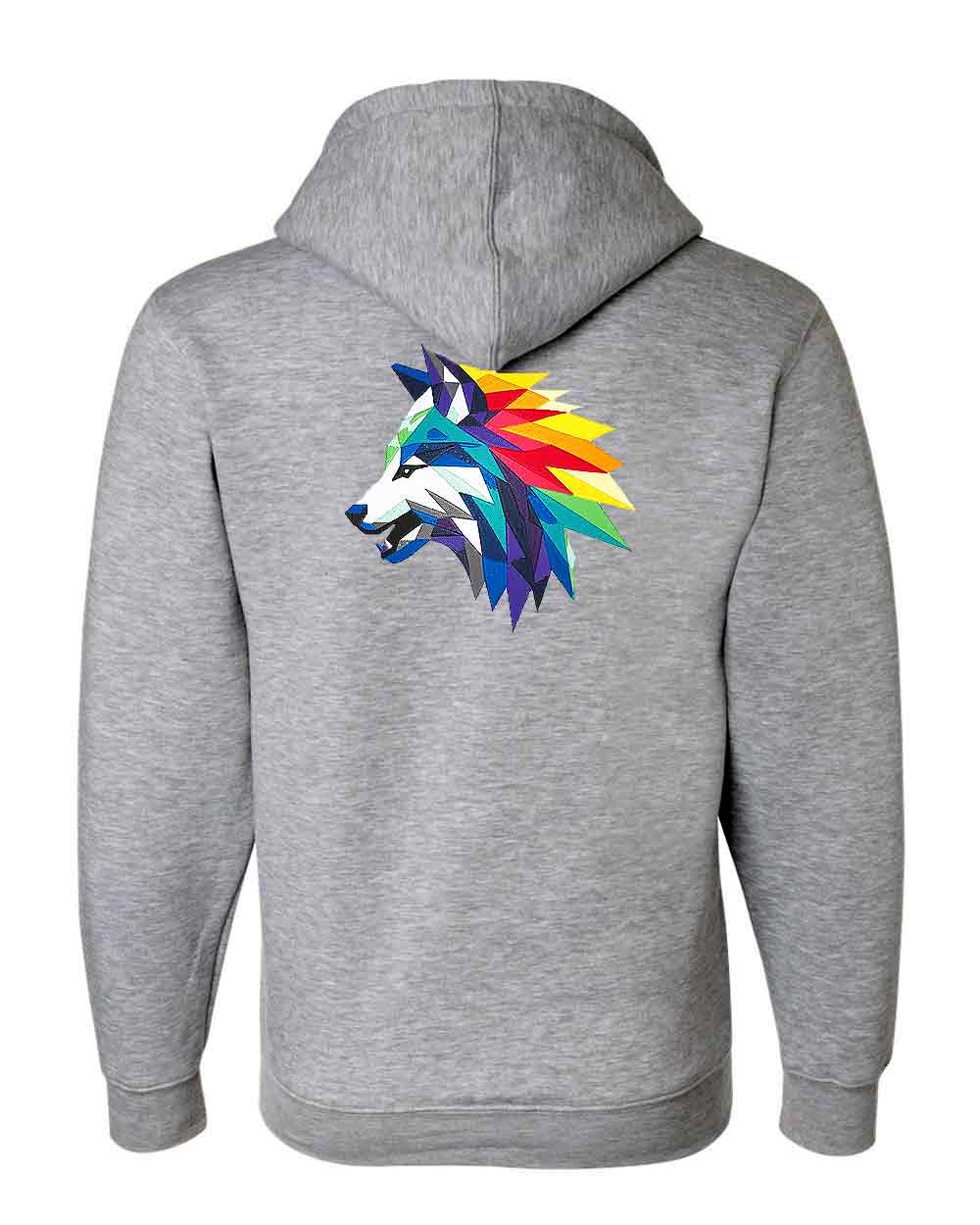 Gray hoodie with a colorful wolf design on the back against a white background