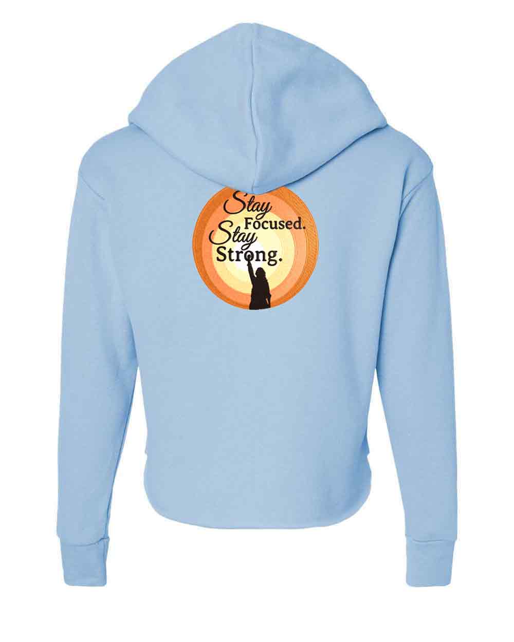 Light blue hoodie with a motivational graphic on the back against a white background