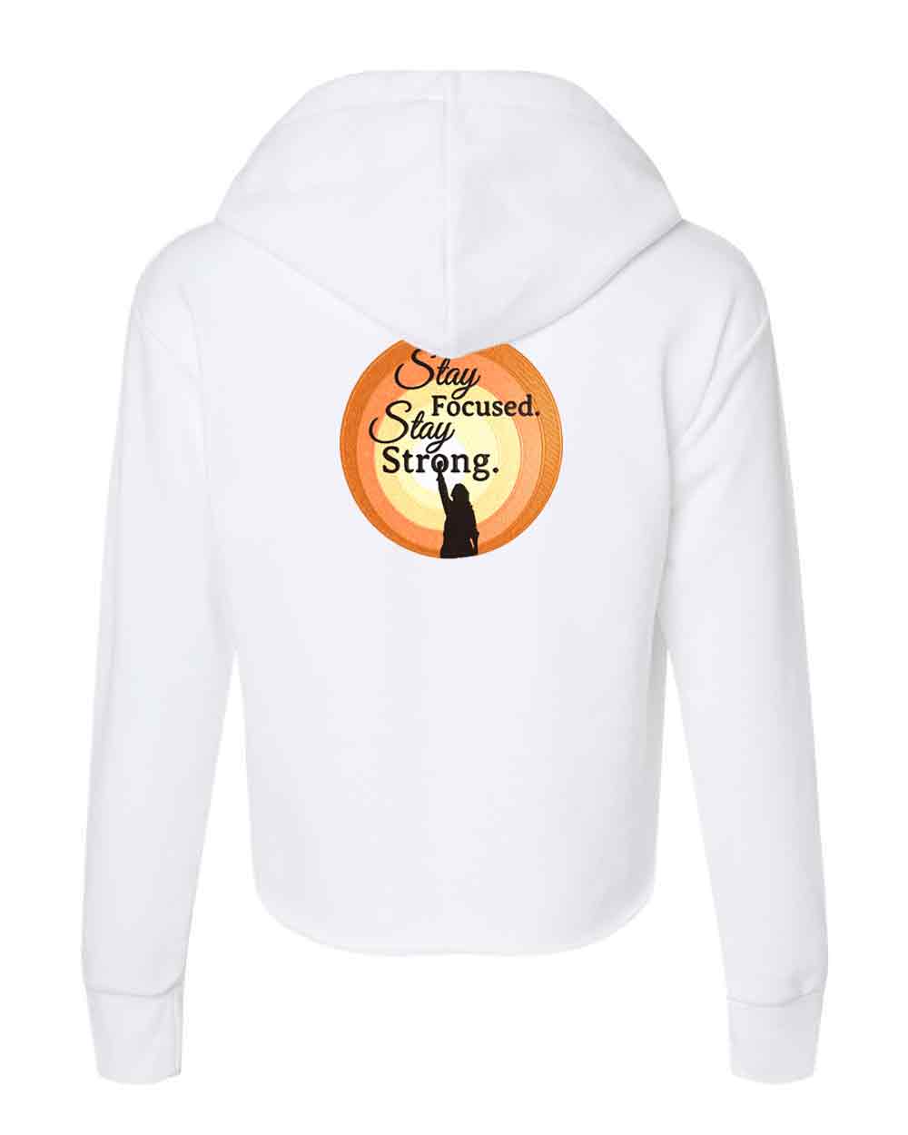 White hoodie with motivational graphic on the back