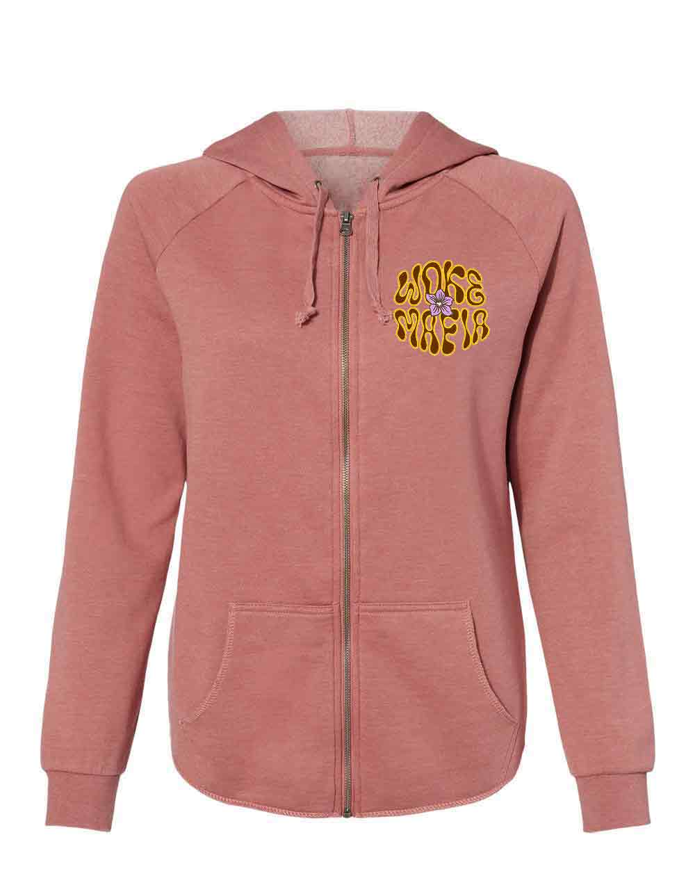 Pink hoodie with yellow text on a white background