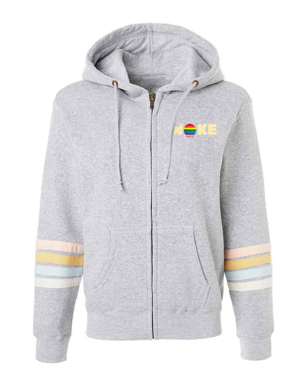 Gray hoodie with rainbow-colored logo and stripes on sleeves against a white background