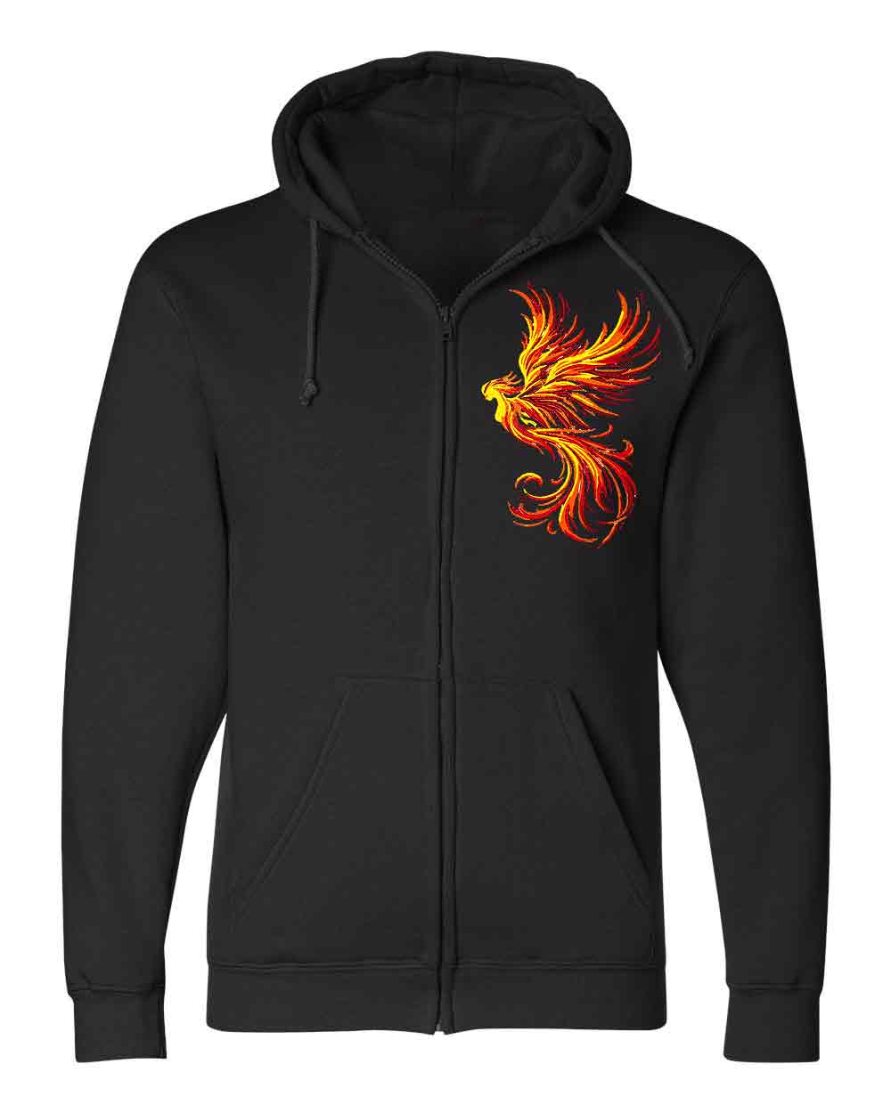 Black hoodie with a fiery phoenix design on a white background