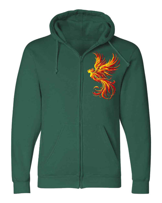 Green hoodie with a phoenix design on a white background