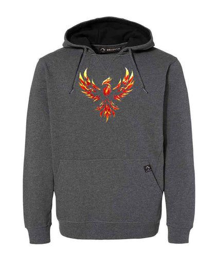 Gray hoodie with a red and yellow phoenix design on a white background