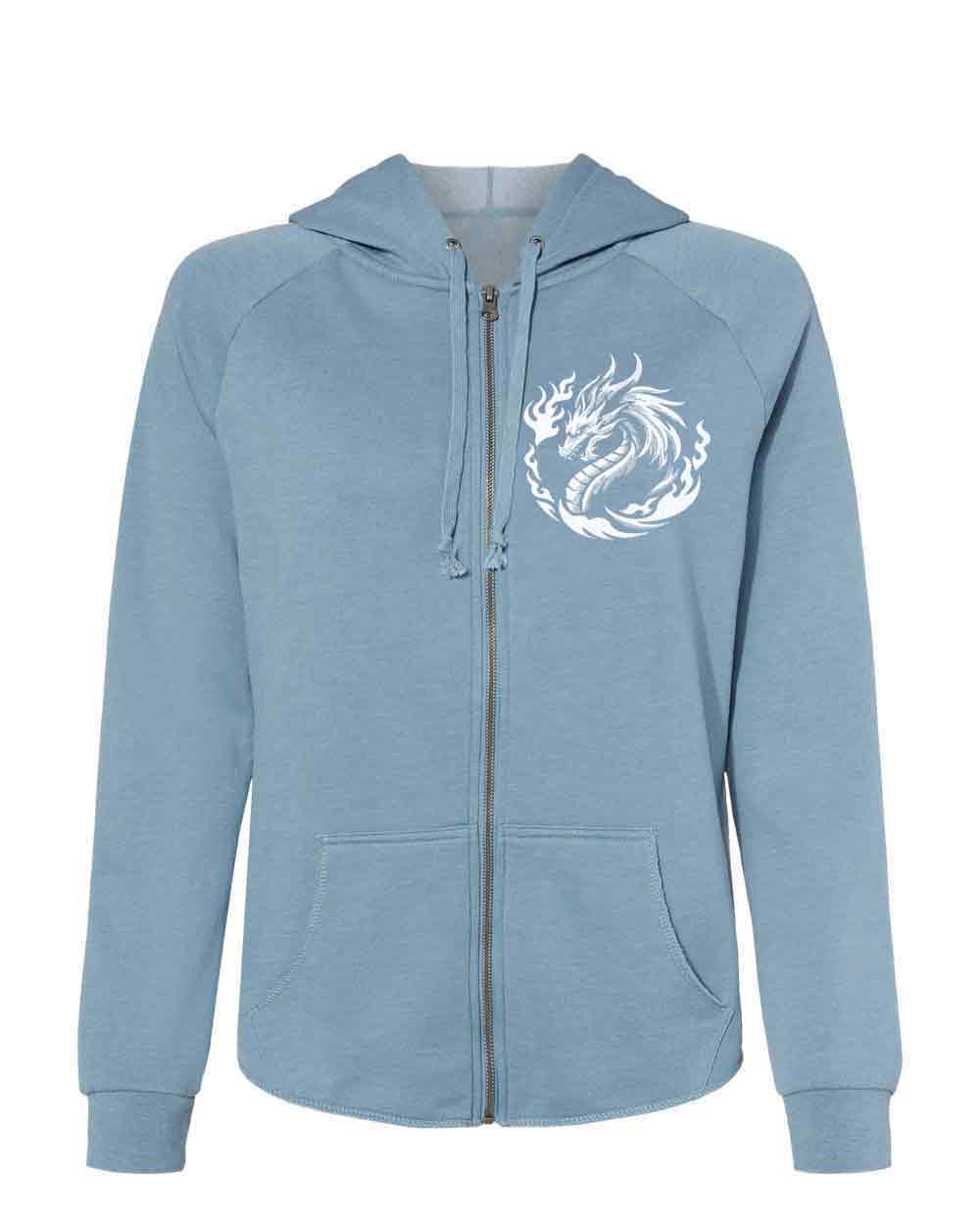 Light blue hoodie with a white dragon design on a white background