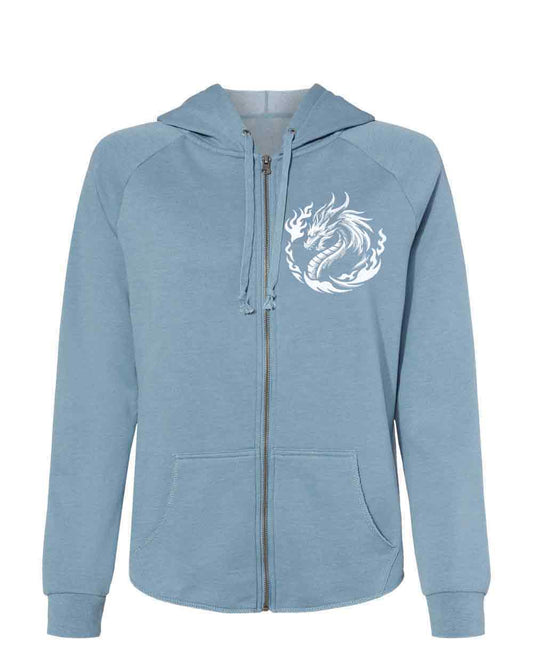 Light blue hoodie with a white dragon design on a white background