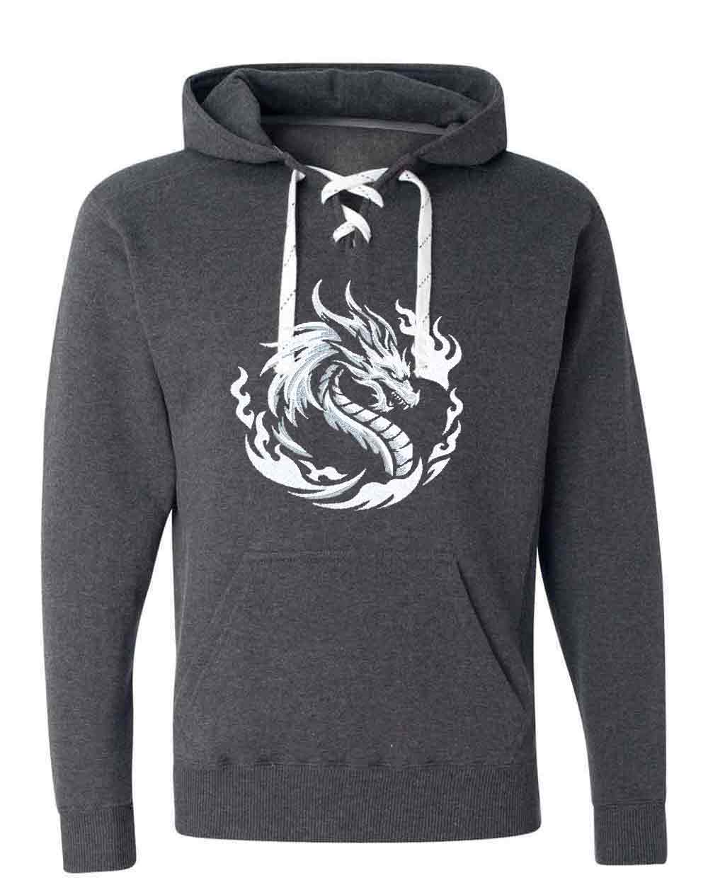 Dark gray hoodie with a white dragon design on a white background