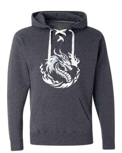 Dark gray hoodie with a white dragon design on a white background