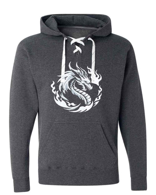 Dark gray hoodie with a white dragon design on a white background