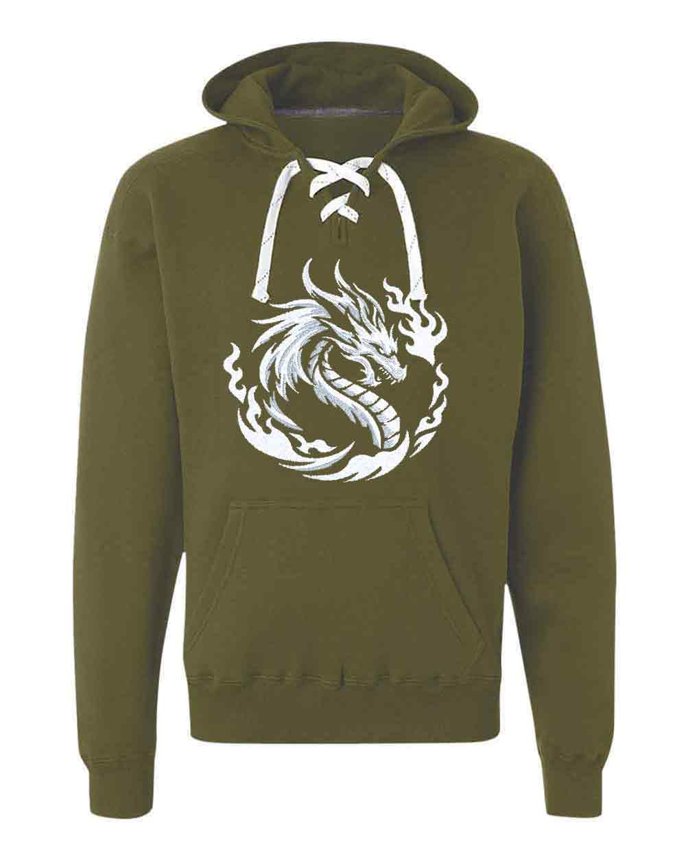 Green hoodie with a white dragon design on a white background