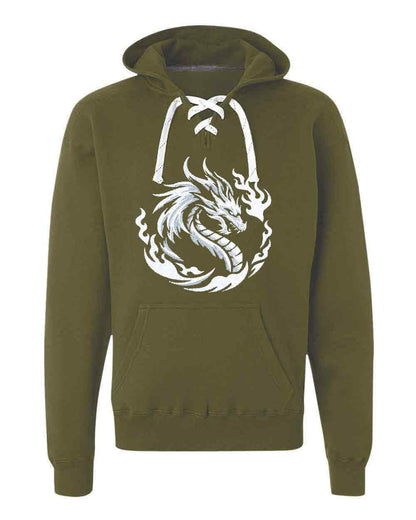 Green hoodie with a white dragon design on a white background