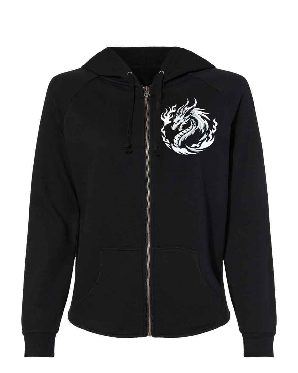 Black hoodie with a white dragon design on the chest against a white background