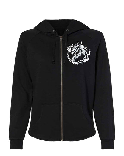 Black hoodie with a white dragon design on the chest against a white background