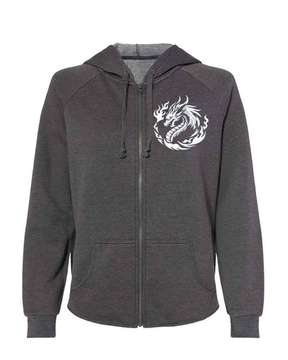 Gray hoodie with a white dragon design on a white background