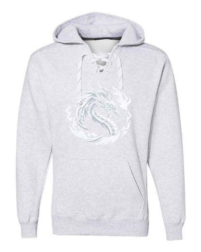 Gray hoodie with a white graphic design on a white background