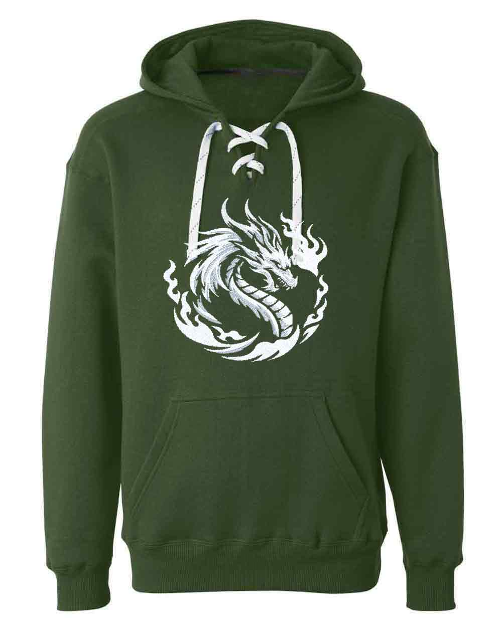 Green hoodie with a white dragon design on a white background