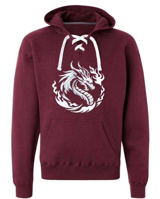 Maroon hoodie with a white dragon design on a white background