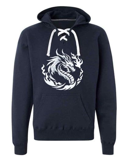 Navy blue hoodie with a white dragon design on a white background