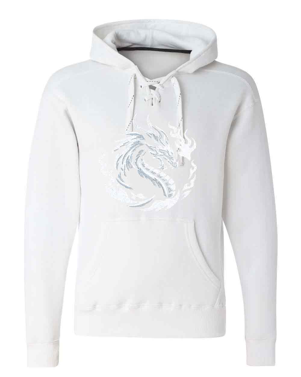 White hoodie with a logo on a white background