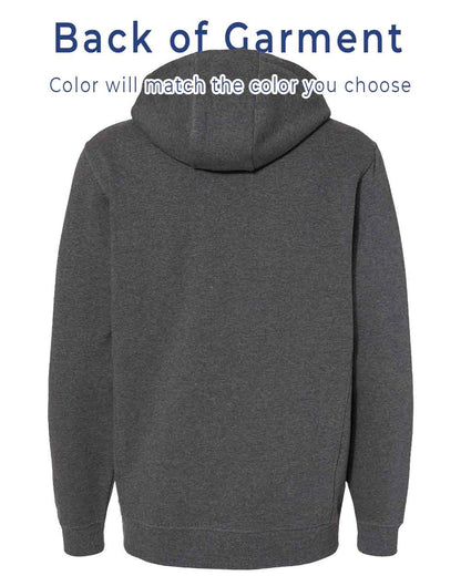 Gray hoodie with text indicating color matching options on a white background