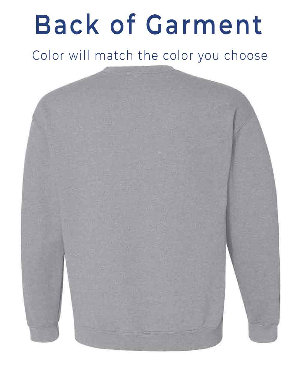 Gray sweatshirt back view with text indicating color matching options