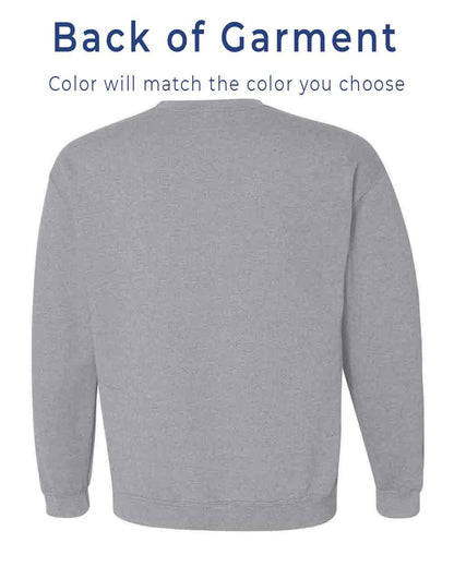Gray sweatshirt back view with text indicating color matching options