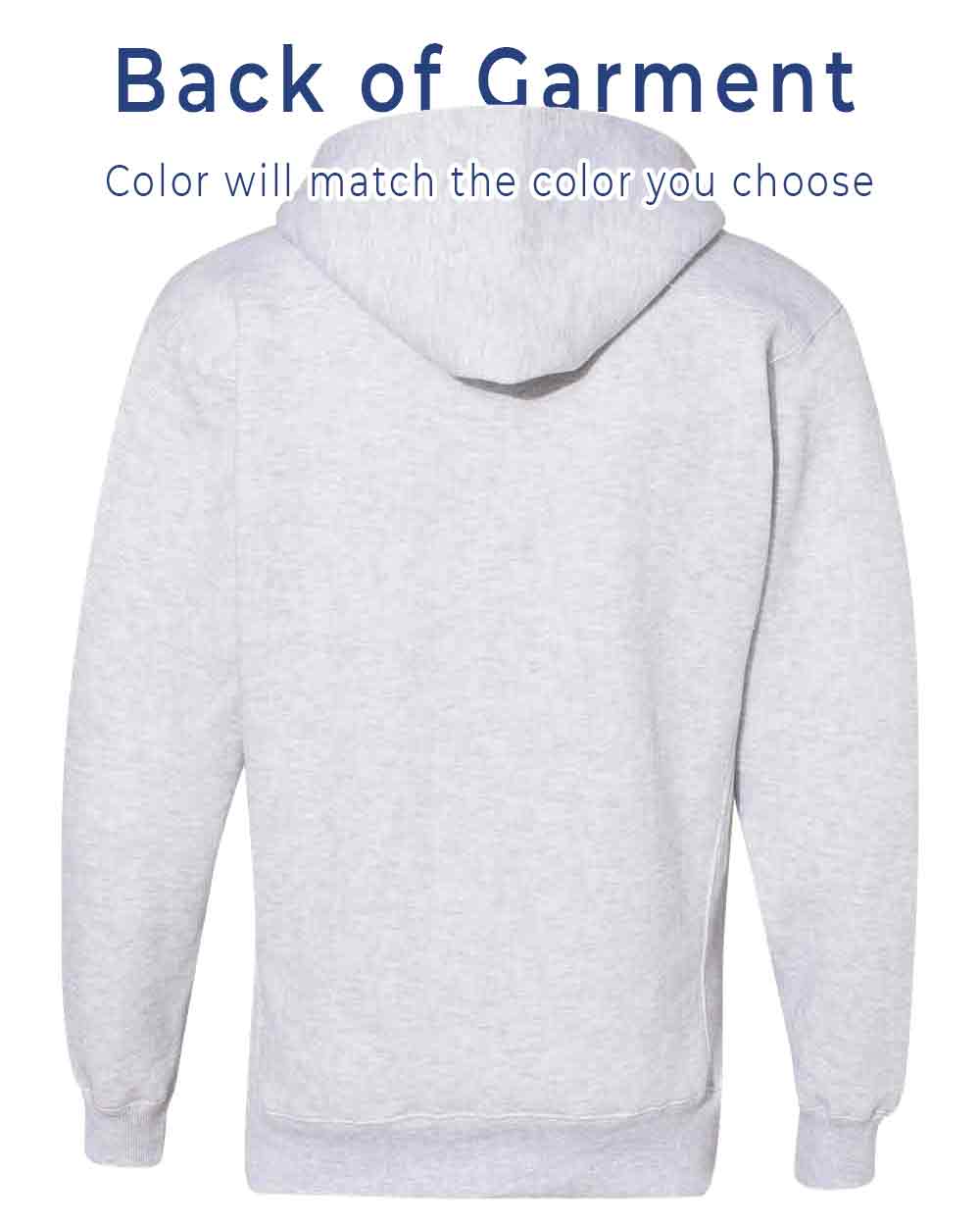 Gray hoodie with text indicating color matching option on a white background