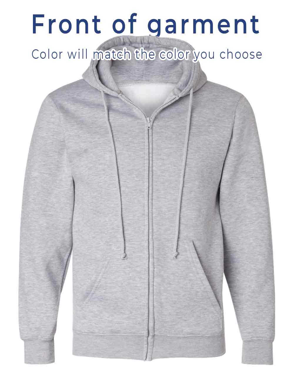 Gray hoodie with text indicating color matching options on a white background