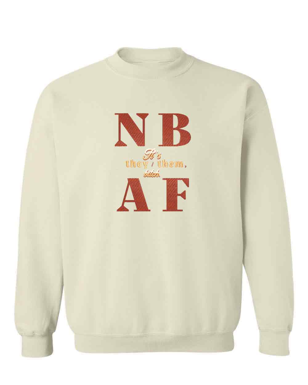 Beige sweatshirt with red text on a white background
