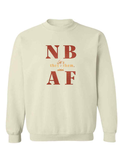 Beige sweatshirt with red text on a white background