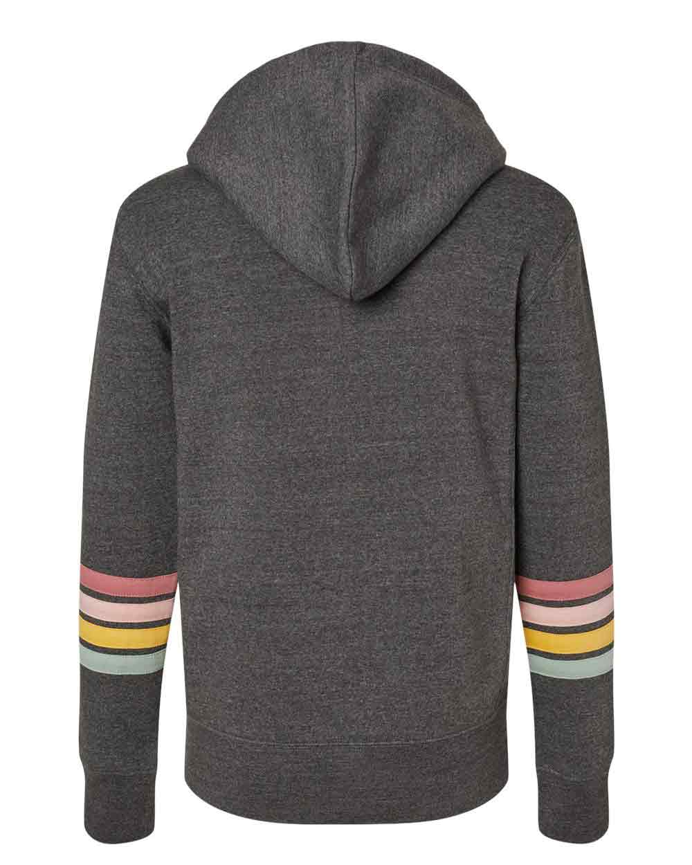 Dark gray hoodie with colorful striped cuffs on a white background