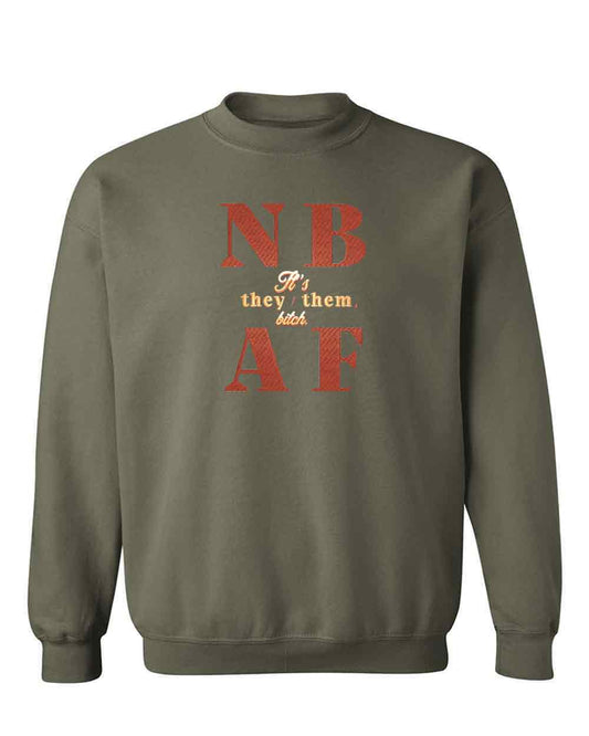 Green sweatshirt with red text on a white background