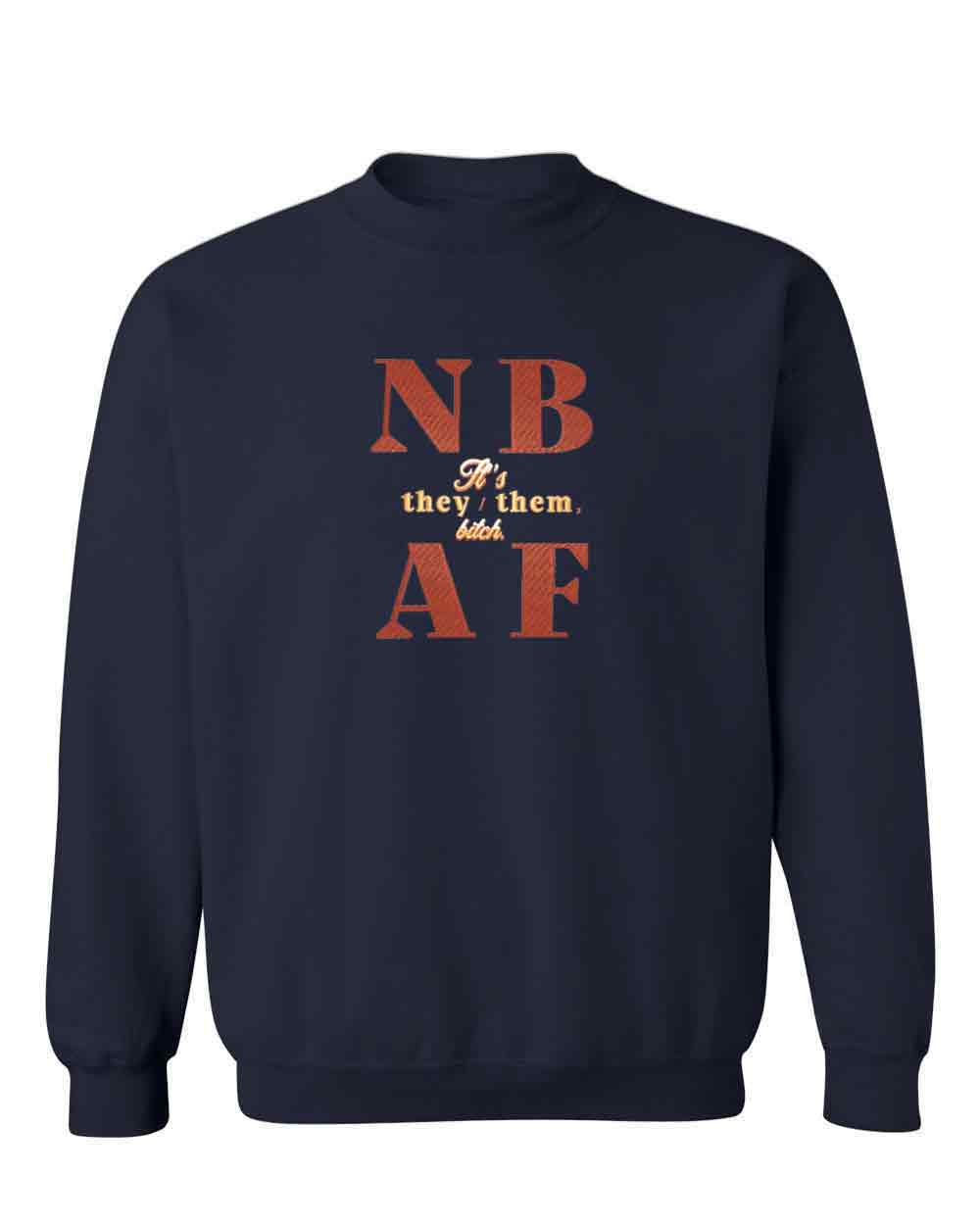 Navy blue sweatshirt with orange text on a white background