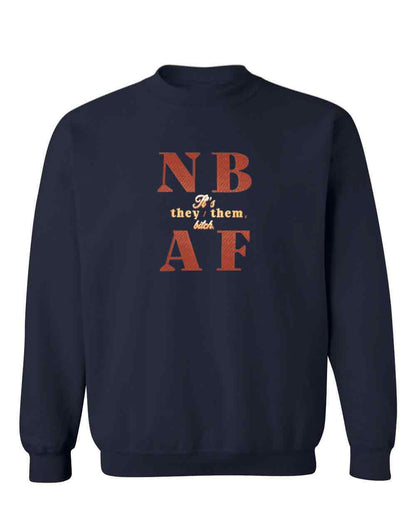 Navy blue sweatshirt with orange text on a white background