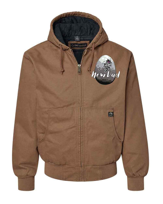 Brown jacket with 'New Dad' graphic on a white background