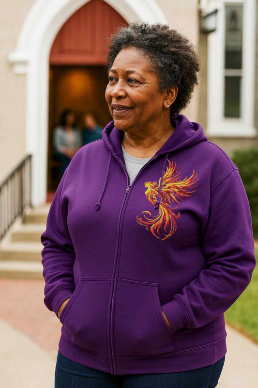 Woman wearing a purple hoodie with a phoenix design outdoors.